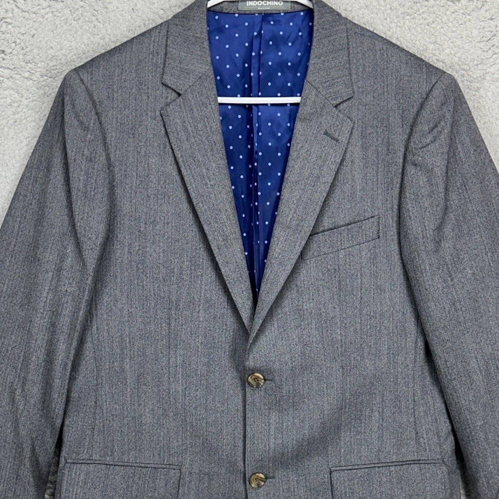 Indochino APV Mens Sports Coat Blazer 42L Long Grey Blue Herringbone 100% Wool